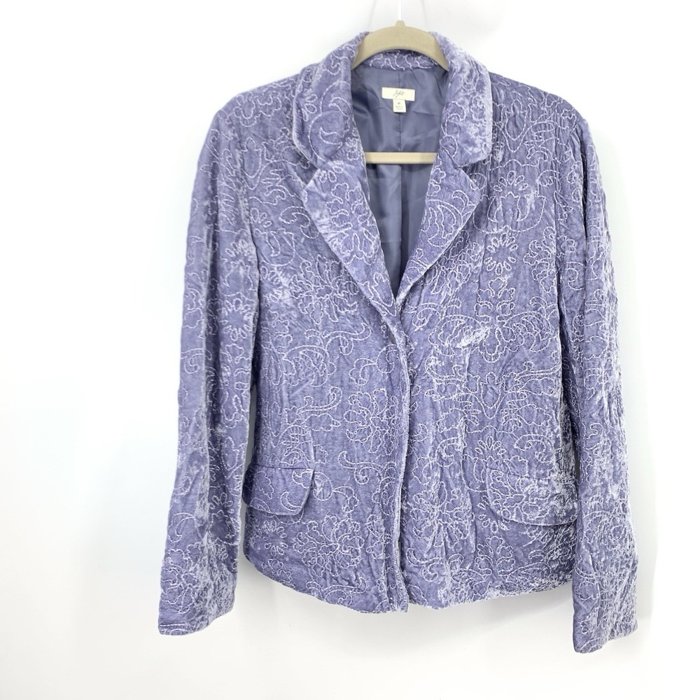 J Jill Women Size Medium Jacket 1 Button Blazer Top Blue Embroidery Velvet Lined